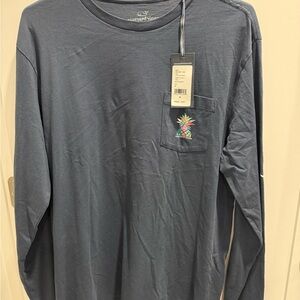 Vineyard Vines Navy Long-Sleeve Pocket Tee with Pineapple Chest Embroidery